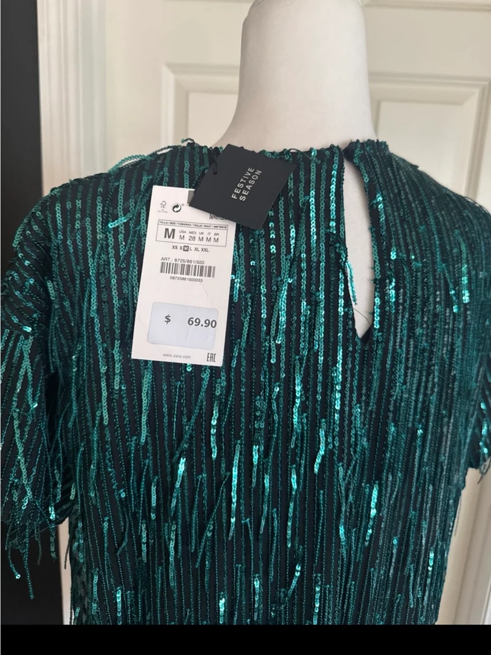 NWT ZARA Sequin Fringed Mini Dress in Green size Medium - Picture 9 of 12